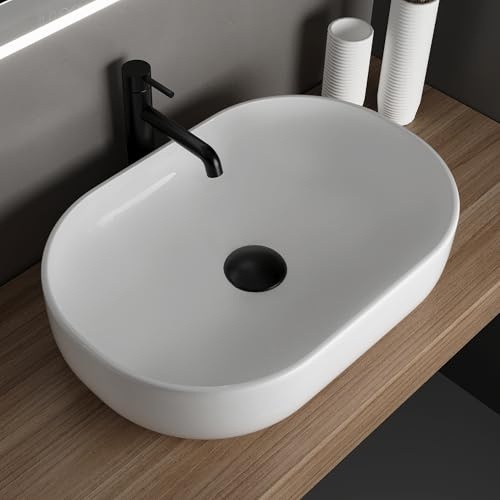 Alpenberger Waschbecken 60 cm Breit | Aufsatzwaschbecken Oval | Waschschüssel für Badezimmer und Gäste WC | Waschtisch Klein Waschschale | Kleines Waschbecken ohne Hahnloch