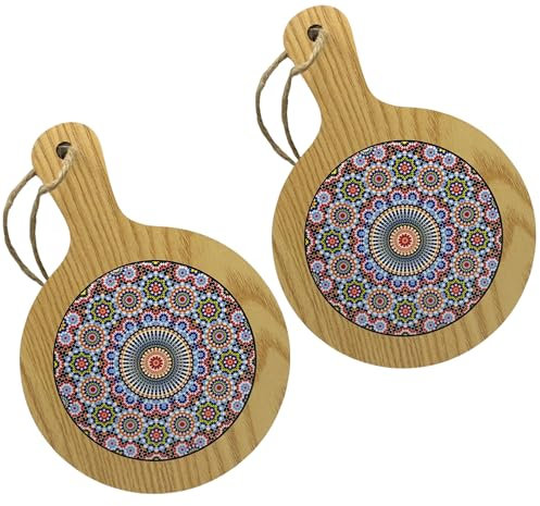 ChicHouse Lot de 2 mini planches à découper en bois avec poignée idéales pour les petits entrées, fromages, charcuterie ou pour économiser les surfaces et les sous-pots. (2, fleur rouge, ronde 20,5 x