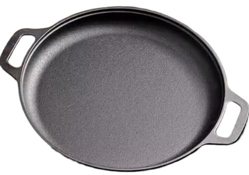 Plaque en fonte lisse et légère, antiadhésive, avec poignées, poêle à pizza ronde pour barbecue, camping, frire, crêpes, facile à nettoyer (28 cm)