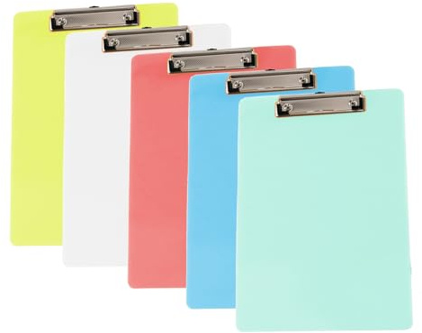 Hsyadazi 5 Stück Kunststoff-Klemmbretter mit Stifthalter - Flache Acryl-Klemmbretter in verschiedenen Farben, Robust & Leicht (DIN A6) für Büro, Schule & Restaurant