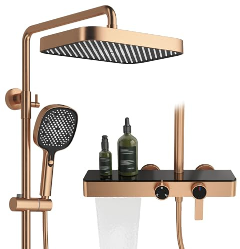 RONMX Colonne de Douche, RSS0562 Moderne Ensemble de Douche, 300x200mm Pomme de Douche, Système de Douche avec Table de Rangement, Robinet de Baignoire Cascade, Cuivre 59A, Hauteur Réglable