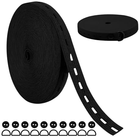 Lvjkes Gummiband breit, 8M Gummiband mit knopflöchern, gummizugband Breite 20mm mit 10 D-Ring-Schnalle und 10 Knöpfe, für hosenbundGeeignet zum Nähen von Kleidung, Hosen (Schwarz-8M)
