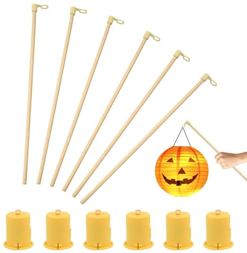 Laternenstab Holz 6 Stück Laternenstäbe Kinder LED 26.5 cm Laternen Stab mit 6 Laterne Licht Warmes Gelb Laternenlicht Laterne Stab für Halloween, St Martin, Kinderpartys