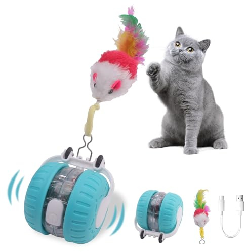 NGOKPYD Juguete Interactivo para Gatos, Pelota de Juguete Gatos Recargable Plumas, diseño de persecución de Puntos Rojos y chirridos, Juguetes interactivos automáticos para Gato de Interior (Azul)