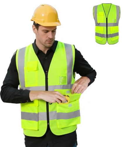 Adiwo Pocket Reflective Vest, High Visibility Reflective Safety Jacket, Hi Vis Vests for Women Men with Zipper, 5 Pockets, 2 inch Reflective Strip, ID Holder, for Construction, Oudoor, Cycling, L