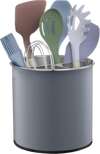 Extra Large Stainless Steel Kitchen Utensil Pot - 360° Rotating Utensil Holders - Weighted Stable Base - Utensil Storage Caddy with Removable Divider -Cylindrical Cutlery Holder for Easy Cleaning