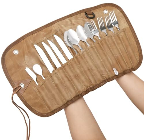 Lot de 14 fourchettes et cuillères - Sac à couverts d'extérieur - Couverts de camping - Couverts de voyage avec sac de rangement - Portable - Réutilisable - Pour pique-nique et extérieur
