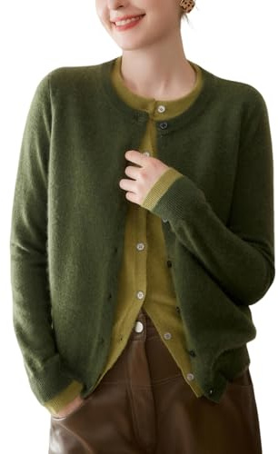 DISSA MA9020 - Cardigan da donna in cashmere e lana, a tinta unita, rilassato, sottile, MA9020, verde, 44