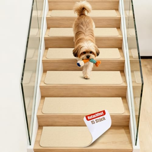 OJTOJT Stufenmatten Selbstklebend, Anti-Rutsch Treppen Teppich, 15 Stück Treppenstufen Matten, 76x20 cm Treppenschutzmatten für Innen, Ideal für Kinder, Senioren und Haustiere（Beige）