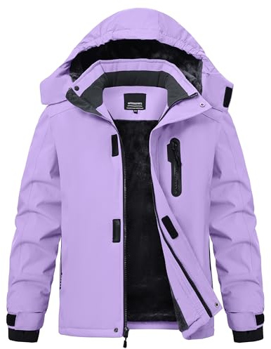 Buyboxs Girls Winter Jackets Fleece Lined Zipper Pockets Warm Waterproof Snowboard Coat for Kids Hardshell Ski Jacket with Hood Purple M (8-9)