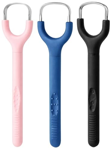 Zungenschaber Edelstahl 3er Set, Zungenreiniger in Rosa Blau Schwarz, Tongue Scraper für Mundhygiene, Nachhaltiger Zungenreiniger Edelstahl
