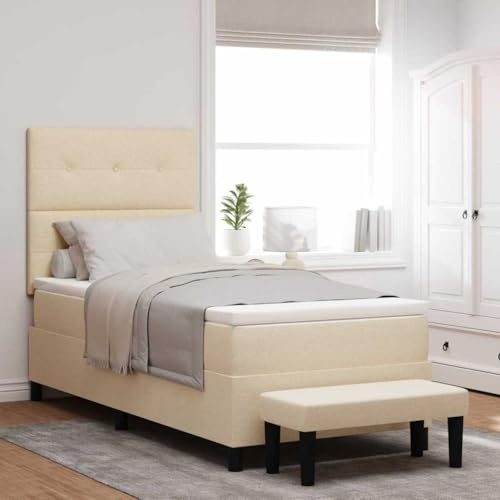 Kaloriko resårsäng med madrass, krämfärgad, 100 x 200 cm, tygöverdrag, justerbar sänggavel, träram, komfort-skummadrass för vilsam sömn, moderna sovrumsmöbler