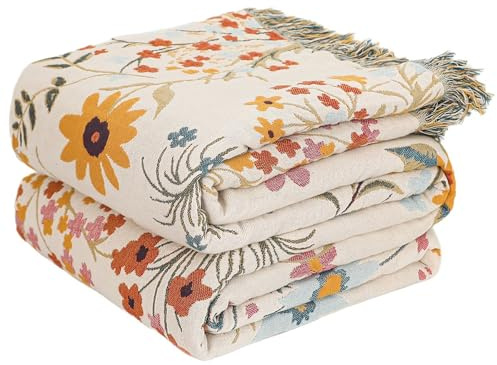 HOORDRY Boho Tagesdecke 100% Baumwolle Musselin Decke | Doppelseitig Bettüberwurf mit Quasten 200x230CM, Dekorative Weich für Doppelbette,1-2 Sitzer Sofaüberwurf,Beige/Blau
