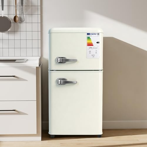 KOMHTOM Réfrigérateur à 2 Porte, Petit Frigo, Réglage de La Température à 7 Niveaux, Classe E, éclairage LED, étagères Réglables, pour Cuisine et Salon (Blanc, 87L)
