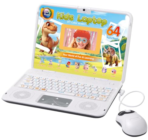 Happiegg Dinosaur Kids Laptop Educational Toy Computer with Camera, White | 64 Learning Activities, Maths English Games Music, Photo Frames and Props, Colour Screen, Boys Girls Age 5+