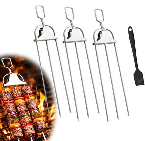 Grillspett, rostfritt stål BBQ kabobpinnar med tryckreglage, återanvändbara platta metallspett för kött, räkor, kyckling - set med 2
