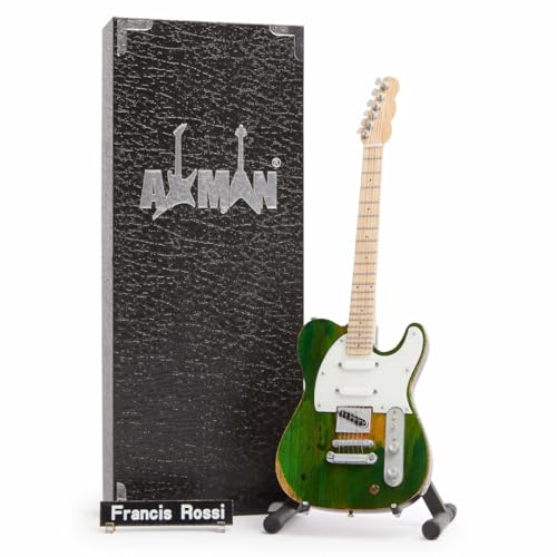 AXMAN Francis Rossi (Status Quo) Distressed Green Miniatur-Gitarren-Nachbildung & Replik – Musikgeschenke für Fans – Handgearbeitetes Ornament 1/4 – inkl. Präsentationsbox & Miniatur-Gitarrenständer