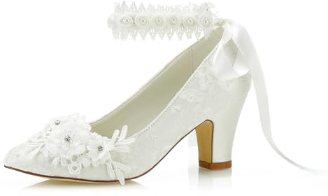 JIAJIA 62311B De Las Mujeres Zapatos de Novia Dedo del pie Cerrado 7cm Talón Grueso Cordón Bombas de satén Zapatos de Boda de Flores Color Marfil,Tamaño 35