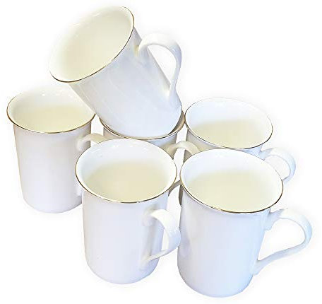 Set of 6 Fine Bone China Mugs with Gold Rim Gift Boxed Glossy White Cups