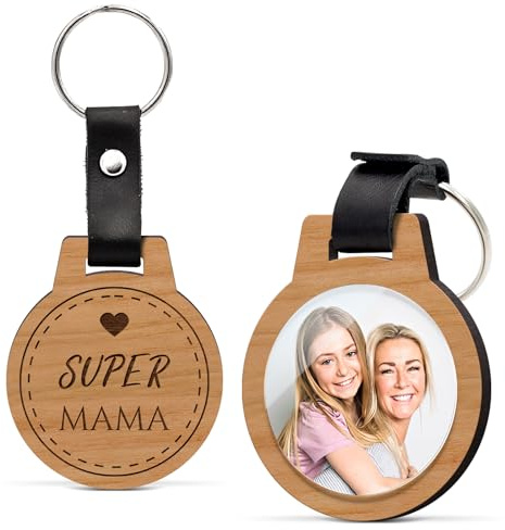Holz Schlüsselanhänger Mama mit Foto & Gravur - Kratzfestes Bild & riesige Motiv Auswahl - Personalisierte Geschenke Muttertag Geburtstag - Foto Anhänger Freundin