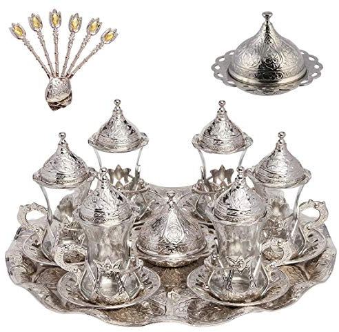 Alisveristime Handmade Turkish Tea Water Zamzam Serving Set Glasses Saucer, Tray and Spoon (Silver)