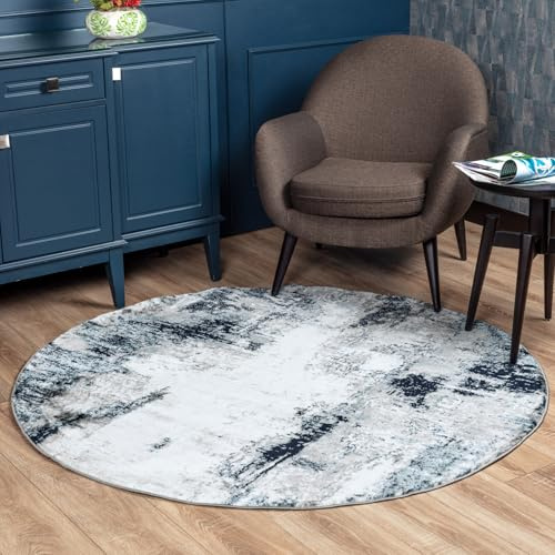 Livabliss Helsinki Wohnzimmer modern – Abstrakt Design in Marmor Optik für Wohnzimmer 160 cm Rund, Esszimmer, Schlafzimmer - Marmor e groß, weicher Kurzflor in Blau, Weiß und Grau