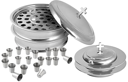 Kommuniongeschirr-Set für die Kirche | Stapelbar, 2 Kommuniontabletts mit Deckel und 2 Brotteller mit Deckel, 80 Becher enthalten | Ideal für Kirchen | Edelstahl – glänzendes (spiegelglattes) Finish