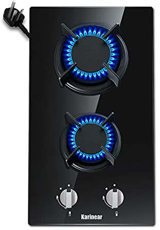 Karinear Plug in 2 Zone Gas Hob with Crystal Glass Cooktop, 3500W Knob Control, NG Original Nozzle, come with LPG Replace