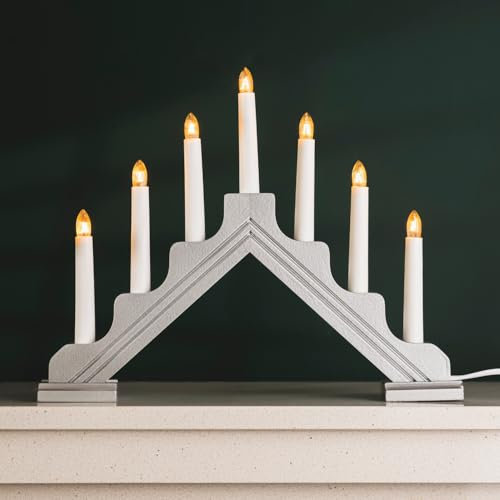 HomeZone Silver Christmas Candle Bridge - USB or Battery Powered Warm White LED 7 Bulb Candle Arch Flickering Wooden Christmas Decorations for Windowsill, Table, Mantle Decor