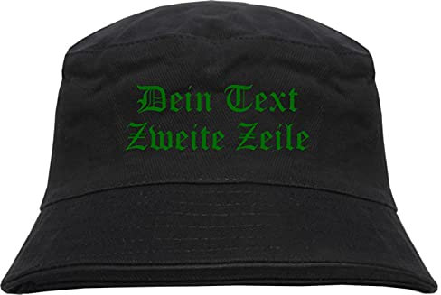 Individueller Anglerhut - altdeutsch - schwarz - Bucket Hat - Fischerhut mit Wunschtext Bedruckt Druckfarbe: Grün L