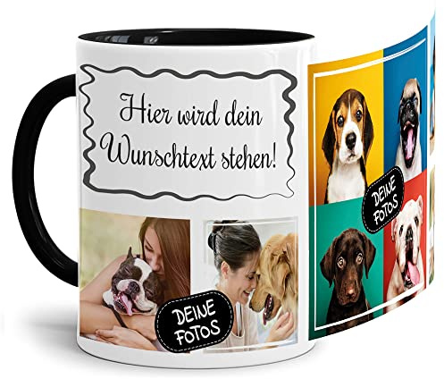 Foto-Tasse selbst gestalten mit Text & Collage für 5 Fotos - Geschenk für Familie, Freunde, Geburtstag, Weihnachten - Keramik Innen & Henkel Schwarz, 300 ml I Personalisiert