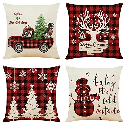 NIULAA Weihnachten Deko Kissenbezug 50x50 4er Set Hirsch Kissenbezüge Wohnzimmer Dekokissen Couch Weihnachtsdeko Leinen Kissenhülle Weihnachtskissenbezug Sofa Kissen Outdoor Couchkissen