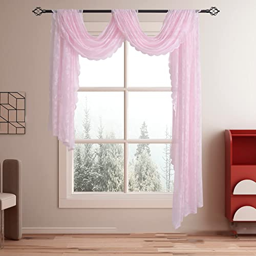 Devola Querbehang Gardine Gardinenschals mit Spitze Blumenmuster Transparent Freihanddeko Gardinen Dekoschals Vorhänge für Schlafzimmer Wohnzimmer Hochzeit BxL 75x150cm Rosa 1 Stück