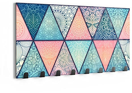 DEQORI Wandgarderobe Glas & Metall | Motiv Trigonales Dekor | 60x30 cm | Design Haken-Leiste modern | Garderoben-Paneel für Flur, Wohnzimmer & Schlafzimmer | magnetisch & beschreibbar