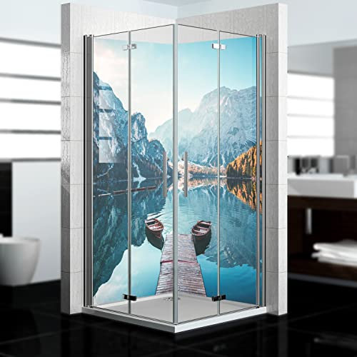 dedeco Paroi de douche d'angle imperméable Motif Montagne V4, 2x 80x200 cm, comme paroi arrière de salle de bain pour remplacer le carrelage, décoratif, revêtement mural et en aluminium