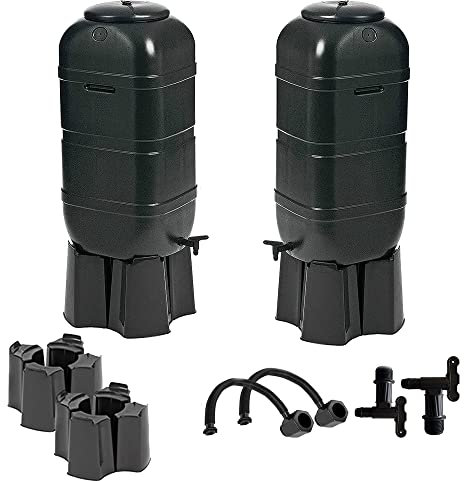 2 x 100 Litre Rain Saver Outdoor Slim Line Garden Water Butts Complete With Tanks, Taps, Stands & Filler Kits