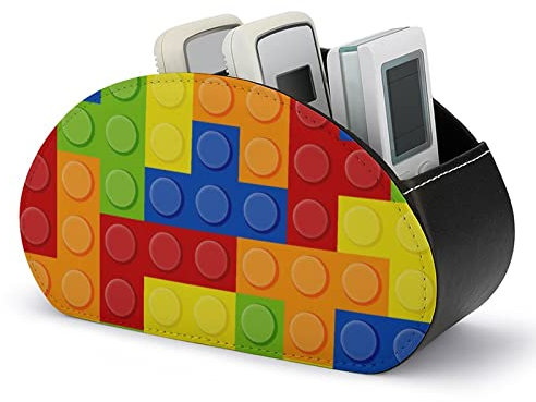 Soporte para mando a distancia de TV con bloques de construcción coloridos con 5 compartimentos, bonita bandeja de piel sintética para mando a distancia, organizador de escritorio, soporte para bolí