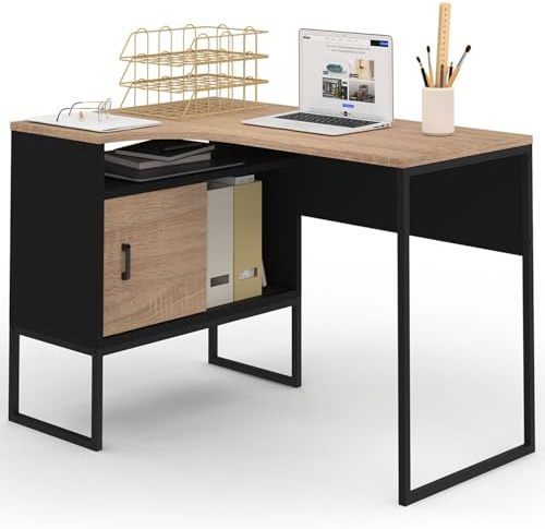 IDMarket - Bureau d'angle Rob Noir et façon hêtre Niche de Rangement et Porte Design Industriel