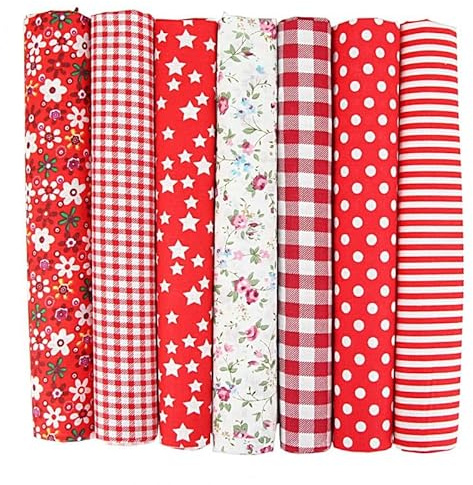 PTNKUIIY 7 Stück Baumwollstoff Patchwork Stoffe Paket 50 x 50cm Baumwolle Tuch DIY Handgefertigte Nähen Quilten Stoff Stoffreste Bunte Baumwollstoff Set zum Nähen Scrapbooking Quilten Handwerk -Rot