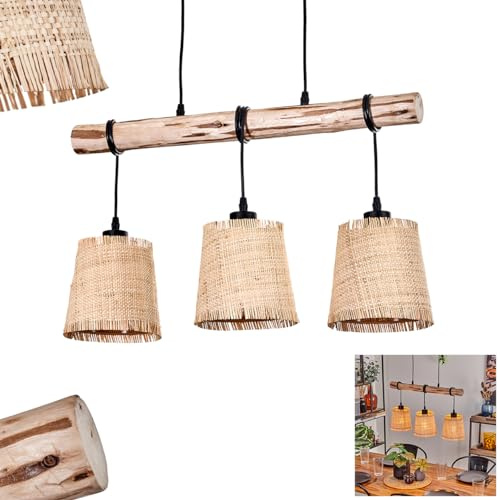 Pendant Light Soungou, Modern Pendant lamp Made of Wood/Metal/Bast in Natural/Black/Beige, 3-Flame Pendant Light in Scandinavian Design, Height max. 145 cm, 3 x E27, Without Bulbs