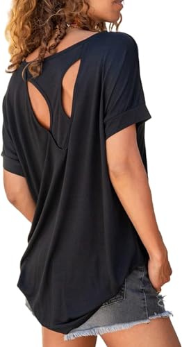 Fisoew T-Shirt de Sport pour Femmes - Fitness à Manches Courtes - Yoga - Léger - Gym - Haut de Sport - Décontracté, Noir, L