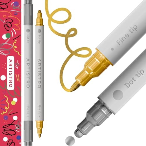 Artistro 2 Gold- & Silber-Acrylstifte Dual-Tip Punkt+Fein für Stein & Stoff | Deckende Farbe auf Wasserbasis, sichtbar auf dunklen Untergründen, zwei Strichstärken pro Marker, Kreativ-Geschenk