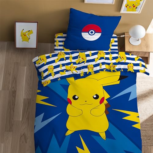 OMYDREAM Pokemon Spike Parure de lit Enfant 1 Personne | 100% Coton | Oeko-TEX | Housse de Couette 140x200 cm + Taie d'oreiller 63x63 cm | Imprimé Réversible Garçon | Bleu