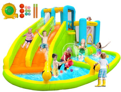 FBSPORT Inflatable Bounce House,Water Slide Park Bouncer Castle with 2 Slide & Double Cannon, Climbing Wall, Kids Bouncy Castle with 550W Air Blower for Backyard, Outdoor, Indoor