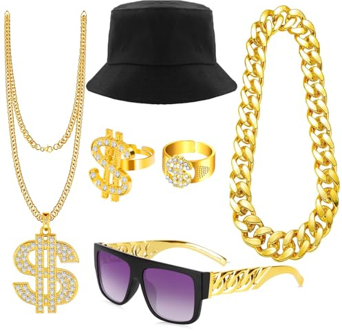 Dreamtop Dollar Kette Set HipHop Kostüm Set 6 Stücke Goldener Dollar Anhänger Goldkette Ring Sonnenbrille Fischerhut 80 90er Jahre Zuhälter Kostüm Gold Millionär für Fasching Karneval