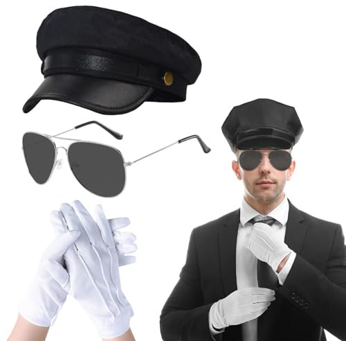 UILYNIU 3 Stück Chauffeur Kostüm Zubehör mit Taxifahrer Hut Sonnenbrille Weiße Handschuhe, Hochzeitsfahrer Kostüm Gangster Biker Kostüm für Erwachsene 80s Gangster Mottoparty Cosplay Karneval