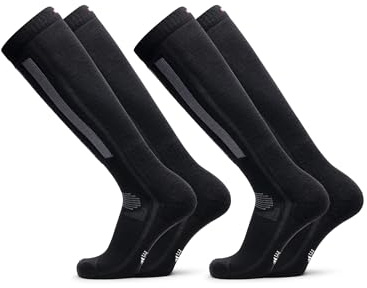DANISH ENDURANCE Merino Wool Ski Socks, Cushioned Ski & Snowboard Socks, Thermal Knee-High Winter Socks, 2 Pack, Black/Dark Grey 2-Pack, 9-12