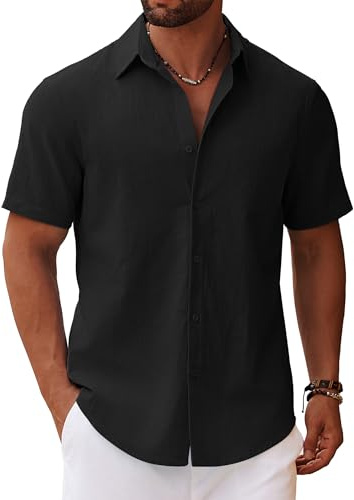 COOFANDY Camicia da Uomo a Maniche Corte Camicia Estiva in Lino Camicie in Cotone con Taschino Camicie a Maniche Corte da Spiaggia Casual Vacanze Nero XL