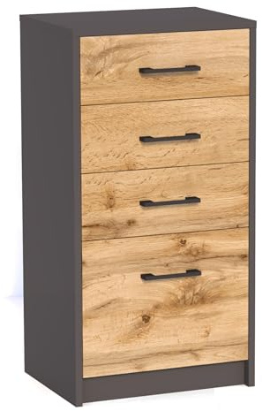 Home Collective Kommode mit 4 Schubladen in matt Kommode 45cm breit Holz Schrank Kommode mit Schubladen Sideboard Highboard Anrichte Schlafzimmer Wohnzimmer Flur Büro Organizer Graphit Eiche