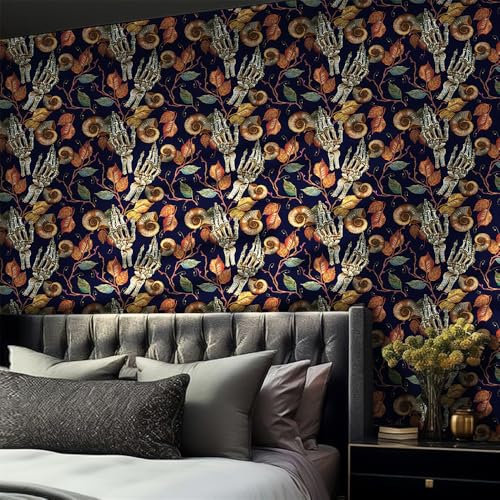 Selbstklebende Tapete Schädel Gelbe Blätter Strukturtapete Wandtattoo Schlafzimmer Tapete Selbstklebend Vliestapete Wallpaper for Living Room Tapeten Leicht zu Entfernen Wandschutzfolie 38.6x100.6cm